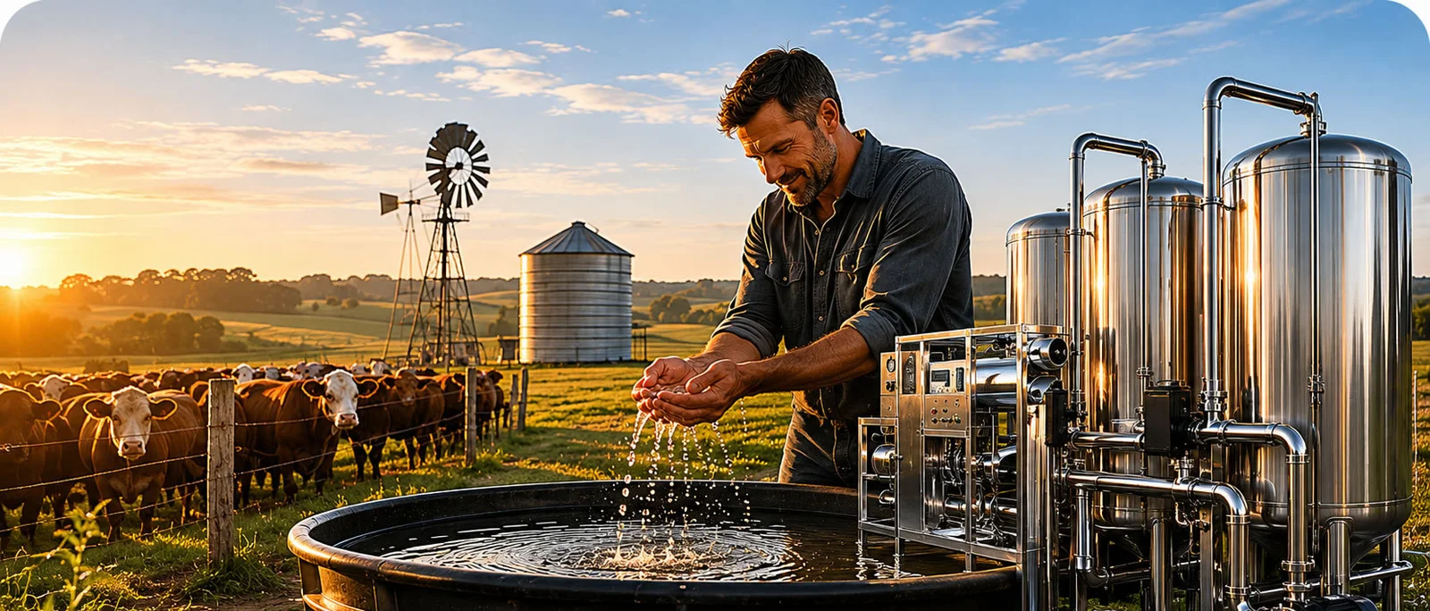 Productor revisando agua purificada junto a un sistema de desalinización en el campo, al atardecer